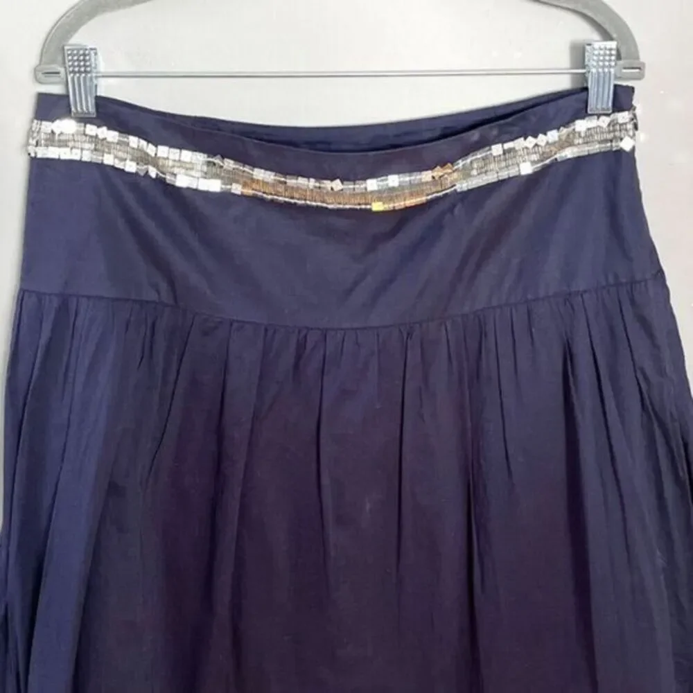 Tory Burch Cotton Voile Midi Skirt Size 10 Navy‎ Blue Beaded Sequins Gyspy Boho